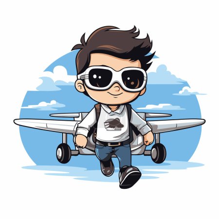 Ilustración de Lindo chico piloto con avión en el cielo vector ilustración diseño gráfico - Imagen libre de derechos