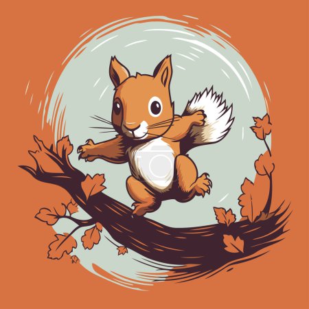 Téléchargez les illustrations : Écureuil sur une branche aux feuilles d'automne. Illustration vectorielle dans le style dessin animé. - en licence libre de droit