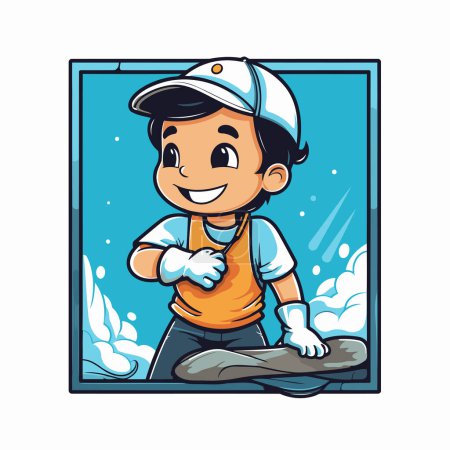 Téléchargez les illustrations : Le garçon de dessin animé nettoie les fenêtres. Illustration vectorielle d'un garçon nettoyant des fenêtres. - en licence libre de droit