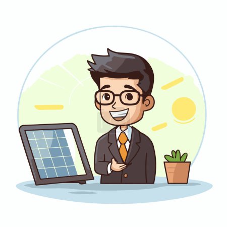 Téléchargez les illustrations : Homme d'affaires avec panneau solaire. Illustration vectorielle dans un style plat. - en licence libre de droit