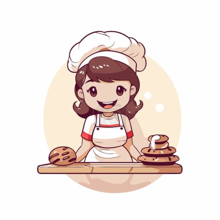 Téléchargez les illustrations : Mignon petit chef fille biscuits de cuisson. Illustration vectorielle dans le style dessin animé. - en licence libre de droit