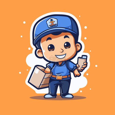 Illustration for Cute Delivery Boy Holding a Box and Smartphone Cartoon Vector Illustration - Royalty Free Image