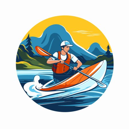Ilustración de Un hombre remando un kayak en un lago. Ilustración vectorial. - Imagen libre de derechos