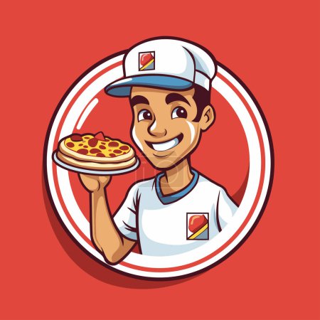 Téléchargez les illustrations : Livreur de pizza icône de dessin animé homme. Restauration rapide restaurant et menu thème. Design coloré. Illustration vectorielle - en licence libre de droit