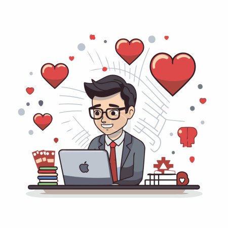 Téléchargez les illustrations : Homme d'affaires avec ordinateur portable et les cœurs autour de lui. Illustration vectorielle dans le style dessin animé. - en licence libre de droit