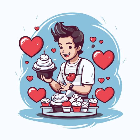Téléchargez les illustrations : Illustration vectorielle d'un jeune homme décorant des cupcakes avec des cœurs autour de lui. - en licence libre de droit