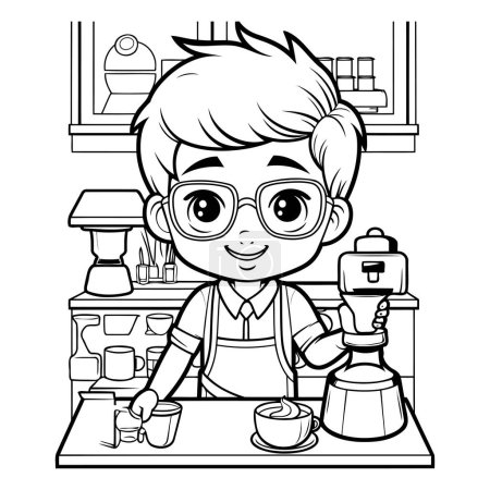 Illustration for Black and White Cartoon Illustration of Cute Little Boy Barista Character for Coloring Book - Royalty Free Image