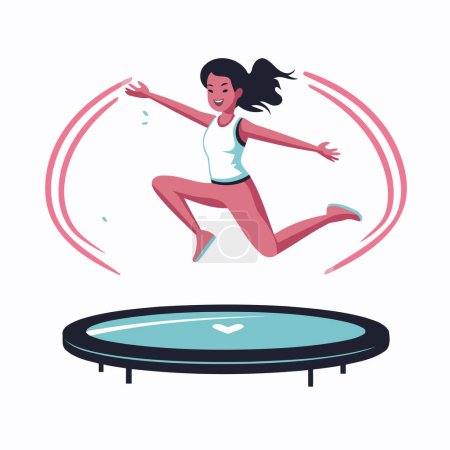 Téléchargez les illustrations : Bonne fille sautant sur le trampoline. Illustration vectorielle en style plat - en licence libre de droit