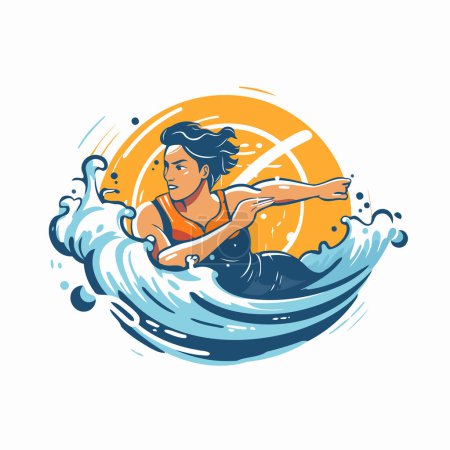 Illustration for Surfer in the waves. Vector illustration of a man with a surfboard. - Royalty Free Image