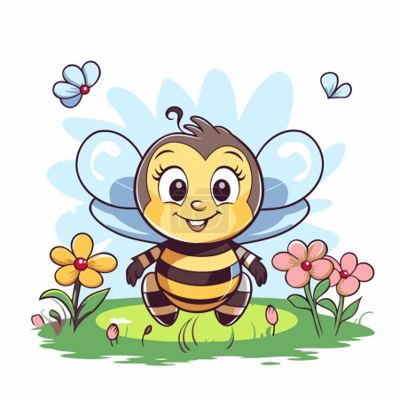 Illustration for Cute cartoon bee flying in the flower garden. Vector illustration. - Royalty Free Image