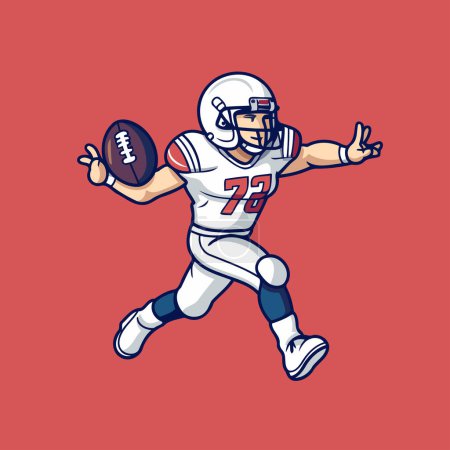 Téléchargez les illustrations : Joueur de football américain qui court avec un ballon isolé sur fond rouge. Illustration vectorielle. - en licence libre de droit