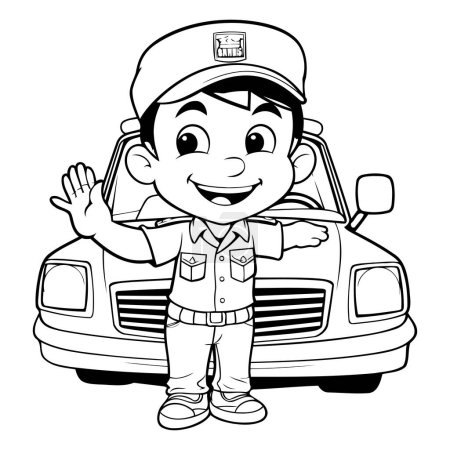 Ilustración de Ilustración de un niño saludando y saludando al costado de su coche - Imagen libre de derechos