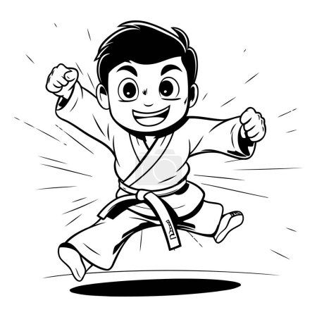 Téléchargez les illustrations : Illustration vectorielle d'un garçon de karaté faisant du karaté en noir et blanc - en licence libre de droit