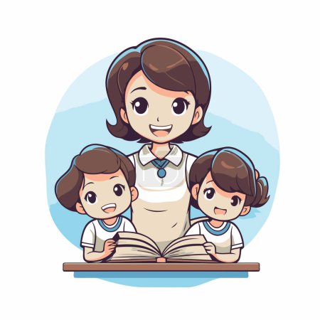 Téléchargez les illustrations : Mère lisant un livre avec ses enfants. Illustration vectorielle dans le style dessin animé. - en licence libre de droit