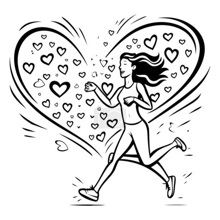 Illustration for Vector illustration of a running woman in the shape of a heart with hearts - Royalty Free Image