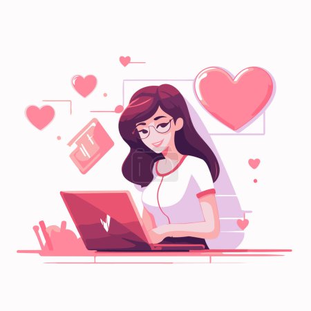 Téléchargez les illustrations : Jeune femme utilisant un ordinateur portable à la maison. Illustration vectorielle dans le style dessin animé. - en licence libre de droit