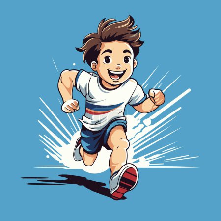 Téléchargez les illustrations : Illustration vectorielle d'un garçon en fuite sur fond bleu. Concept sportif. - en licence libre de droit