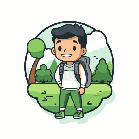 Illustration for Boy with backpack in the park. Vector illustration in cartoon style. - Royalty Free Image