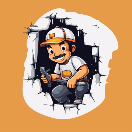 Illustration for Cartoon construction worker coming out of hole in wall. Vector illustration. - Royalty Free Image