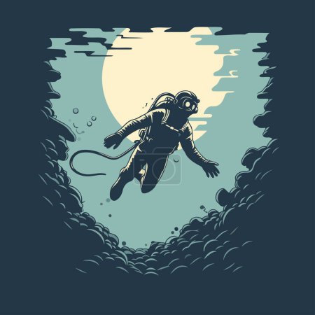 Silhouette of diver on the background of the moon. Vector illustration
