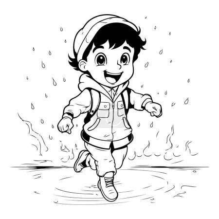 Illustration for Cute little boy running in the rain - black and white vector illustration - Royalty Free Image