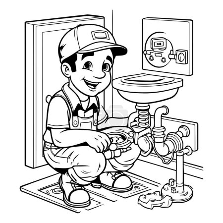 Téléchargez les illustrations : Plombier réparant des toilettes. Illustration vectorielle noir et blanc pour livre à colorier - en licence libre de droit