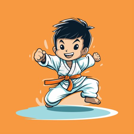 Illustration for Vector illustration of a karate boy in kimono on orange background - Royalty Free Image