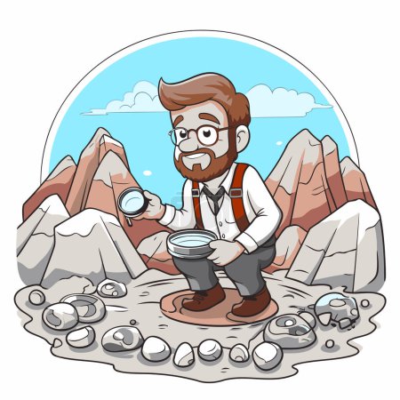 Illustration for Geologist looking through a magnifying glass. Vector cartoon illustration. - Royalty Free Image