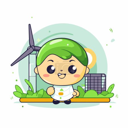 Illustration for Cute cartoon baby with wind turbine and solar panels. Vector illustration. - Royalty Free Image