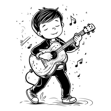 Téléchargez les illustrations : Petit garçon jouant de la guitare. Illustration vectorielle en noir et blanc. - en licence libre de droit