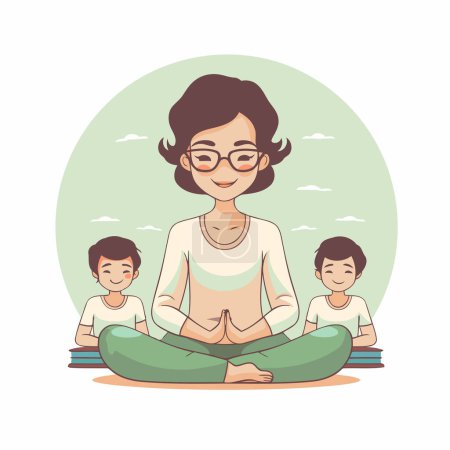 Illustration for Mother with kids meditating in lotus pose. Vector illustration. - Royalty Free Image