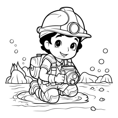 Ilustración de Ilustración de un niño usando un traje de bombero y un casco jugando en un agua - Imagen libre de derechos