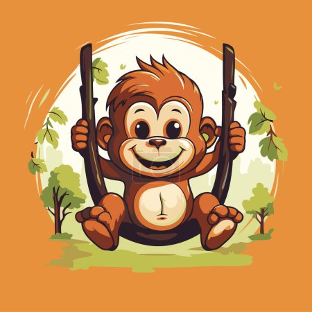 Ilustración de Gracioso mono de dibujos animados con un arma en la selva. ilustración vectorial - Imagen libre de derechos