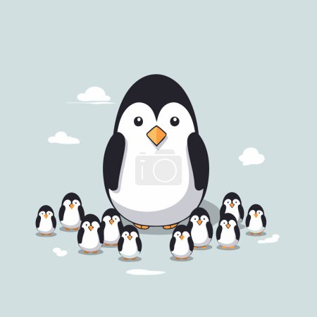 Ilustración de Lindo pingüino con grupo de pingüinos. Ilustración vectorial. - Imagen libre de derechos