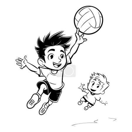 Téléchargez les illustrations : Illustration en noir et blanc d'un garçon jouant au volleyball avec son ami. - en licence libre de droit