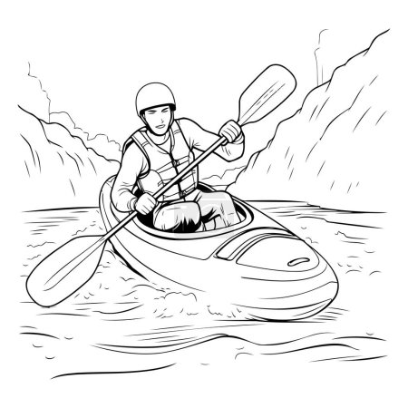 Téléchargez les illustrations : Un homme faisant du kayak sur la rivière. Illustration vectorielle noir et blanc. - en licence libre de droit