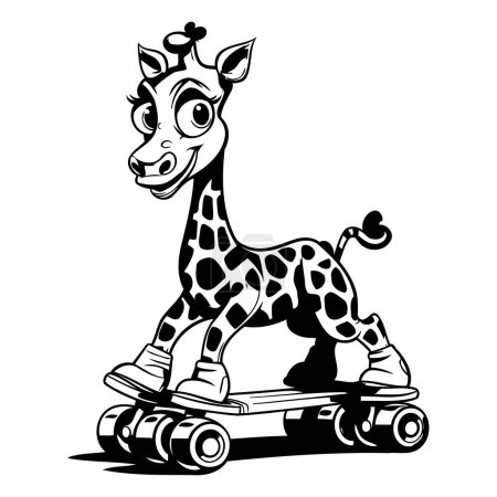 Téléchargez les illustrations : Girafe sur patins à roulettes. Illustration vectorielle noir et blanc. - en licence libre de droit