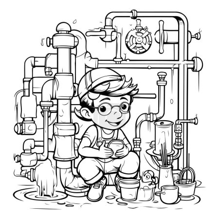 Black and White Cartoon Illustration of Kid Boy Plumber Repairing Water Pipe for Coloring Book