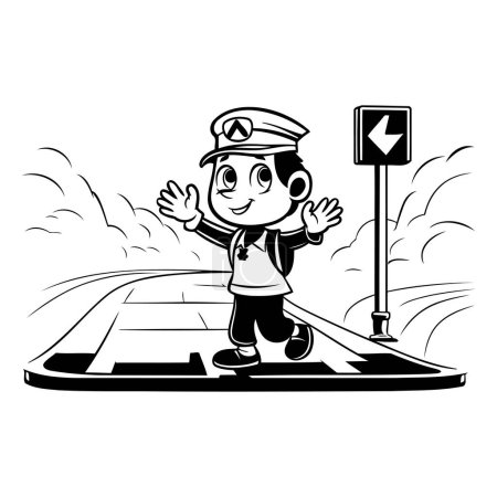 Ilustración de Lindo chico en el sombrero piloto saludando mano en la ilustración del vector de carretera - Imagen libre de derechos