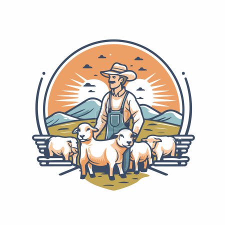 Illustration for Farmer with flock of sheep on farm. Vector illustration in retro style. - Royalty Free Image