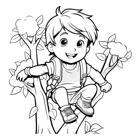 Téléchargez les illustrations : Illustration schématique d'un petit garçon grimpant à un arbre. livre de coloriage - en licence libre de droit