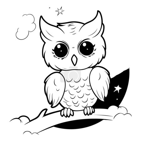 Téléchargez les illustrations : Illustration de dessin animé noir et blanc du personnage d'oiseau hibou pour le livre à colorier - en licence libre de droit