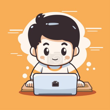 Illustration for Boy using laptop - Cute and Funny Cartoon Style Vector Illustration - Royalty Free Image