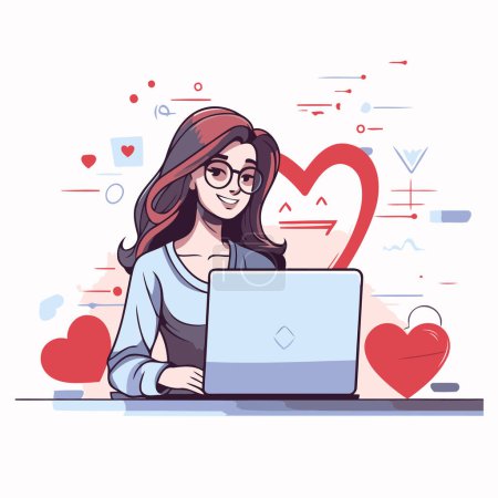 Ilustración de Mujer joven que trabaja en el ordenador portátil y el envío de mensajes de amor. Ilustración vectorial. - Imagen libre de derechos