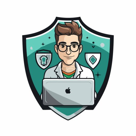 Illustration for Vector illustration of a doctor with laptop and shield in the background. - Royalty Free Image