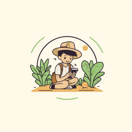 Illustration of a farmer sitting on the ground and using a smartphone