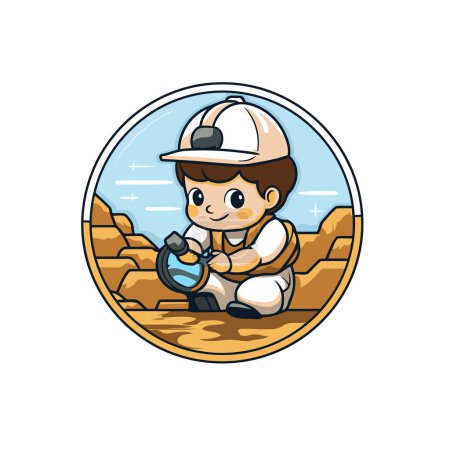 Illustration for Illustration of a little miner boy playing with a wheel excavator viewed from the side set inside circle done in cartoon style. - Royalty Free Image