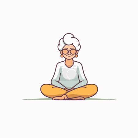 Illustration for Elderly woman meditating in lotus position. Vector illustration. - Royalty Free Image