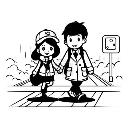 Téléchargez les illustrations : Pompier garçon et fille dans la rue. illustration vectorielle noir et blanc - en licence libre de droit
