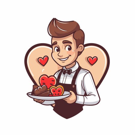 Ilustración de Lindo camarero de dibujos animados sosteniendo un plato con galletas en forma de corazón. Ilustración vectorial - Imagen libre de derechos